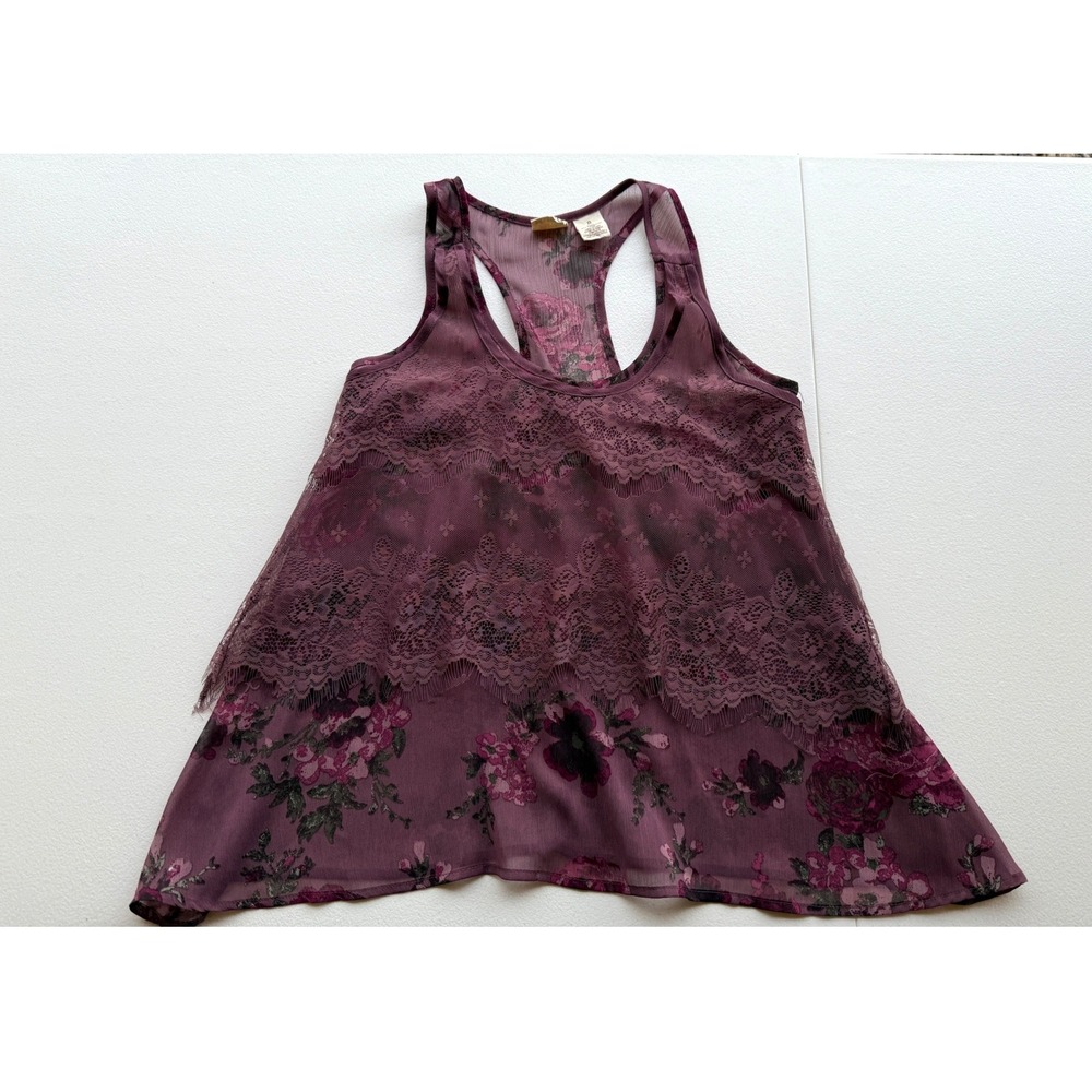 Mudd Tank Top Womens Sheer Layered Size S Purple Floral Fairy Festival Boho Y2K - Picture 4 of 16